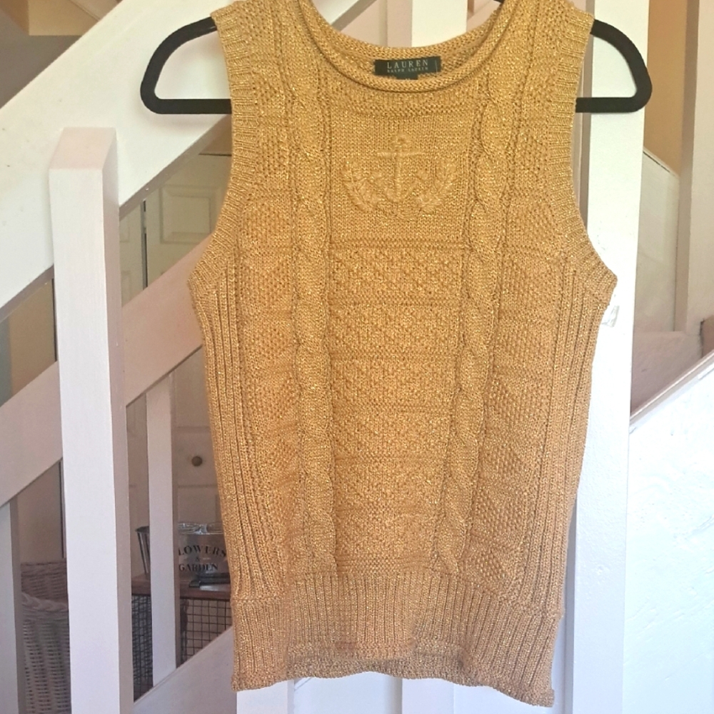 Lauren Ralph Lauren Gold Cotton Metallic blend Sleeveless Sweater W/Anchor SzM